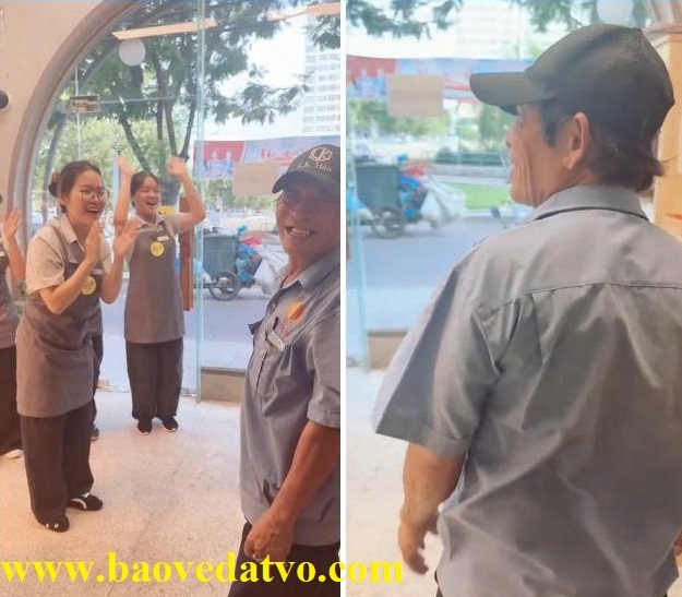 nhan vien quan cung nhau  ??lua ?? chu bao ve de mang den bat ngo sinh nhat day yeu thuong